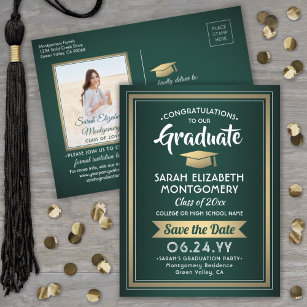Cartão Postal De Anúncio 1 Foto Graduação em branco Dourado verde Salvar a 