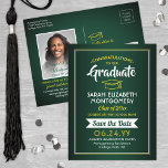 Cartão Postal De Anúncio 1 Foto Graduação Verde Amarelo Dourado Salva a Dat<br><div class="desc">Compartilhe as notícias alegres da sua próxima festa de formatura, bem como uma imagem com estes convites verdes, dourados e brancos, guarde os cartões postais de data. Foto e texto são simples de personalizar. (DICA DE IMAGEM: Uma maneira fácil de centralizar uma foto exatamente como você deseja é recortá-la antes...</div>