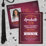 Cartão Postal De Anúncio 1 Foto Maroon Red & Dourado Graduação Salve a Data<br><div class="desc">Compartilhe as notícias alegres da sua próxima festa de formatura, bem como uma imagem com estes marões, ouro e branco, salve os convites para cartão postal de data. Foto e texto são simples de personalizar. (DICA DE IMAGEM: Uma maneira fácil de centralizar uma foto exatamente como você deseja é recortá-la...</div>