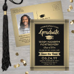 Cartão Postal De Anúncio 1 Foto Preto Dourado Graduação Moderna Salva a Dat<br><div class="desc">Compartilhe as notícias alegres de uma festa de formatura que vem, assim como uma foto favorita com esses modernos negros e ouro, salve os cartões postais de convite para data. Todo texto é simples de personalizar. (DICA DE IMAGEM: Uma maneira fácil de centralizar uma foto exatamente como você deseja é...</div>