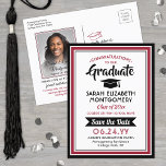 Cartão Postal De Anúncio 1 Foto Red Black White Graduação Salva a Data<br><div class="desc">Compartilhe as notícias alegres da sua próxima festa de formatura, assim como uma imagem favorita com estes convites para cartão-postal vermelho, preto e branco para salvar a data. Foto e texto são simples de personalizar. (DICA DE IMAGEM: Uma maneira fácil de centralizar uma foto exatamente como você deseja é recortá-la...</div>