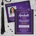 Cartão Postal De Anúncio 1 Foto Roxo e Graduação Dourada Salvar a Data<br><div class="desc">Compartilhe as notícias alegres da sua próxima festa de formatura, bem como uma imagem com estes convites roxos, dourados e brancos, salve os convites para cartão postal de data. Foto e texto são simples de personalizar. (DICA DE IMAGEM: Uma maneira fácil de centralizar uma foto exatamente como você deseja é...</div>