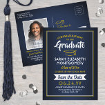 Cartão Postal De Anúncio 1 Marinho de fotos Azul e Graduação Dourada Salvar<br><div class="desc">Compartilhe as notícias alegres da sua próxima festa de formatura, bem como uma imagem com estes marinhos azuis, dourados e brancos, salve os convites para cartão postal de data. Foto e texto são simples de personalizar. (DICA DE IMAGEM: Uma maneira fácil de centralizar uma foto exatamente como você deseja é...</div>