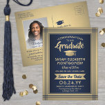 Cartão Postal De Anúncio 1 Marinho de fotos Azul e Graduação Dourada Salvar<br><div class="desc">Compartilhe as notícias alegres de uma festa de formatura futura, assim como uma foto favorita com o marinho azul e o ouro modernos, salve os cartões postais de convite para data. Todo texto é simples de personalizar. (DICA DE IMAGEM: Uma maneira fácil de centralizar uma foto exatamente como você deseja...</div>