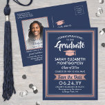 Cartão Postal De Anúncio 1 Marinho de fotos e Rosa Dourado Graduação Salve<br><div class="desc">Compartilhe as notícias alegres da sua próxima festa de formatura, assim como uma foto favorita com este elegante marinho azul e rosa-rosa-ouro, salve os convites para cartão-postal. Foto e texto são simples de personalizar. (DICA DE IMAGEM: Uma maneira fácil de centralizar uma foto exatamente como você deseja é recortá-la antes...</div>