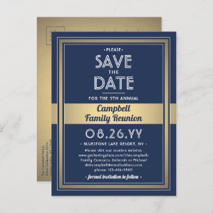 Cartão Postal De Anúncio 1 Photo Family Reunion Save the Date Blue and Gold