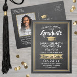 Cartão Postal De Anúncio 1 Quadro de fotos e graduação Dourada Salve a data<br><div class="desc">Compartilhe as notícias alegres da sua próxima festa de formatura, assim como uma imagem favorita com este quadro elegante e fino e ouro para salvar os convites para cartão-postal de data. Foto e texto são simples de personalizar. (DICA DE IMAGEM: Uma maneira fácil de centralizar uma foto exatamente como você...</div>