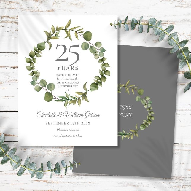 Cartão Postal De Anúncio 25 Silver Anniversário Salve a Data Verde (25th Silver Anniversary Save the Date Greenery Announcement Postcard)