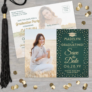 Cartão Postal De Anúncio 2 Fotos Graduação Salve a Data Verde e Dourado
