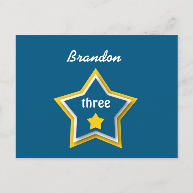Cartão Postal De Anúncio 3º Aniversário com Estrelas Em Camadas AZUL AMAREL (Frente)