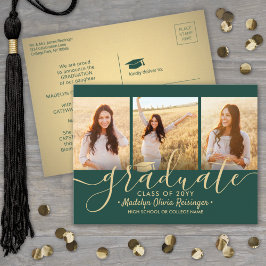 Cartão Postal De Anúncio 3 Photo Collage Script Green and Gold Graduation