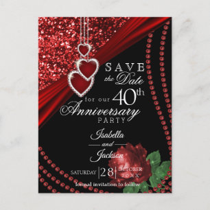 Cartão Postal De Anúncio 40th Brilho vermelho & aniversário cor-de-rosa -