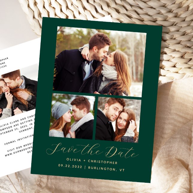 Cartão Postal De Anúncio 4-Foto Verde Esmeralda Dourado Salve a Data (Criador carregado)