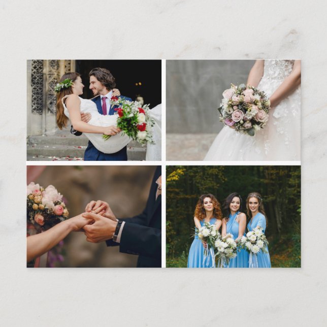 Cartão Postal De Anúncio 4 Fotos Colagem Simples Casamento Moderno Obrigado (Frente)