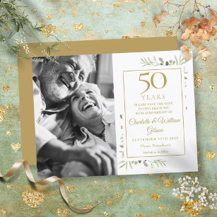 Cartão Postal De Anúncio 50ª Foto do Ouro Casamento Aniversário Greenery
