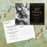 Cartão Postal De Anúncio 50º aniversário Dourados Corações Foto Salvar a Da<br><div class="desc">Apresentando delicados corações de ouro confete em um fundo preto. Você pode personalizar com sua foto especial e comemoração de cinquenta anos do ouro,  salvar os detalhes da data na elegante tipografia moderna. Projetado por Thisnotme©</div>