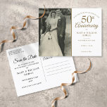 Cartão Postal De Anúncio 50º aniversário Foto de casamento Salva a data<br><div class="desc">Personalize com sua foto favorita de casamento e seus detalhes especiais de celebração de aniversário de casamento de 50 ouros na tipografia de ouro-chico. O inverso apresenta os detalhes adicionais e o cartão postal de volta. Projetado por Thisnotme©</div>