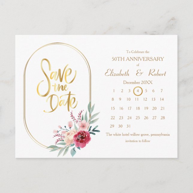 Cartão Postal De Anúncio 50º aniversário Quadro Ouro O Calendário de Datas (Frente)