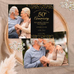 Cartão Postal De Anúncio 50 anos Dourados corações 2 Foto Salvar a Data<br><div class="desc">Apresentando delicados corações de ouro confete em um fundo preto. Você pode personalizar com suas 2 fotos especiais e comemoração de cinquenta anos de ouro,  salvar os detalhes da data na elegante tipografia moderna. Projetado por Thisnotme©</div>