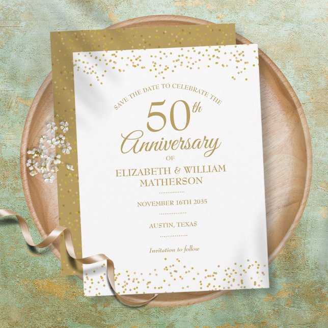 Cartão Postal De Anúncio 50th Anniversary Gold Dust Confetti Save the Date (Criador carregado)