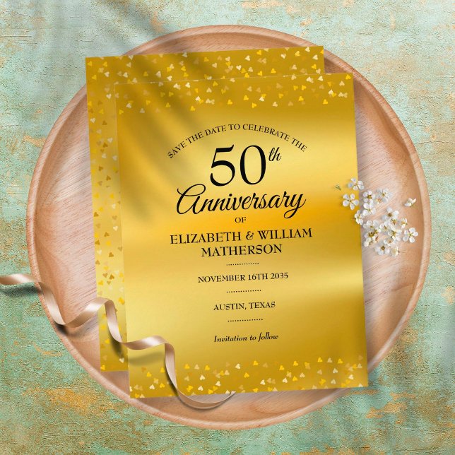 Cartão Postal De Anúncio 50th Anniversary GoldHearts Foil Save the Date (Criador carregado)