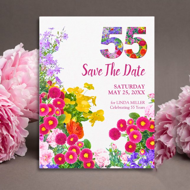 Cartão Postal De Anúncio 55 anos Floral Modern Salve a data (Criador carregado)