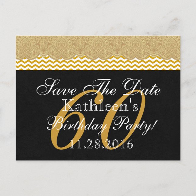 Cartão Postal De Anúncio 60th Save the Date Birthday Dourado Lace Chevrons  (Frente)