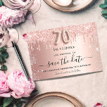 Cartão Postal De Anúncio 70th birthday rose glitter save the date<br><div class="desc">A feminine Save the Date card for a 70th birthday party. Rose gold gradient background decorated with rose gold and faux silver glitter drips. Personalize and add a date and name/text. The text: Save the Date is written with a large trendy hand lettered style script with swashes. Number 70 with...</div>