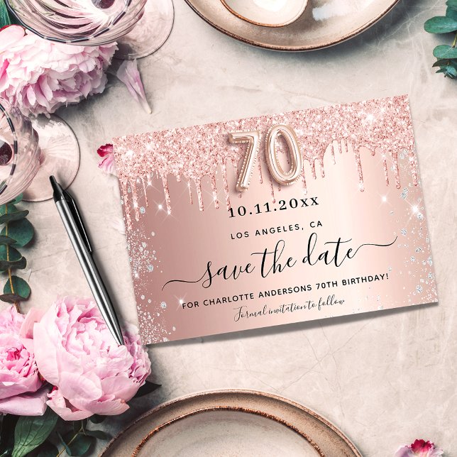 Cartão Postal De Anúncio 70th birthday rose glitter save the date (Criador carregado)