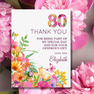 Cartão Postal De Anúncio 80 Anos Flores Borboleta 80º Aniversário Obrigado