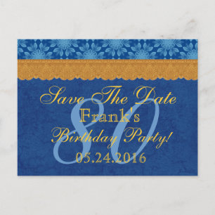 Cartão Postal De Anúncio 80 Birthday Salve a data Azul e Dourado local W80