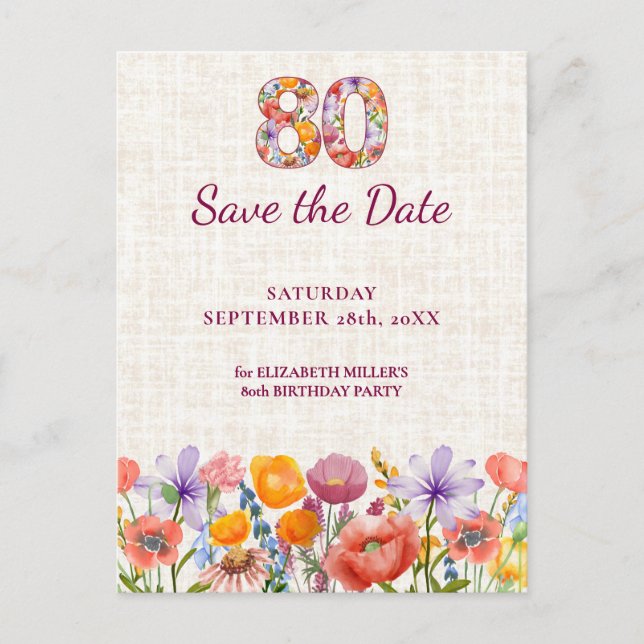 Cartão Postal De Anúncio 80th Birthday Party - Elegant Save the Date (Frente)