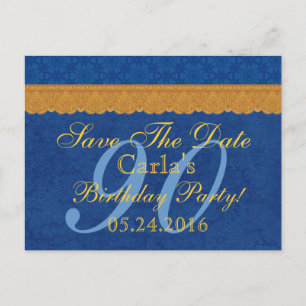 Cartão Postal De Anúncio 90º Aniversário Salve a Data Renda Azul e Dourada
