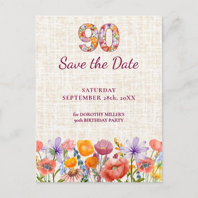 Cartão Postal De Anúncio 90th Birthday Party - Wildflower Save the Date (Frente)