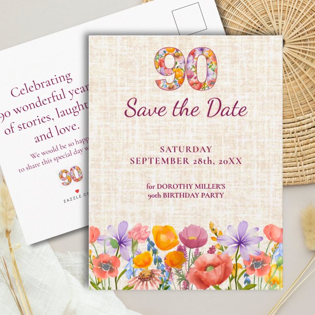 Cartão Postal De Anúncio 90th Birthday Party - Wildflower Save the Date (Criador carregado)