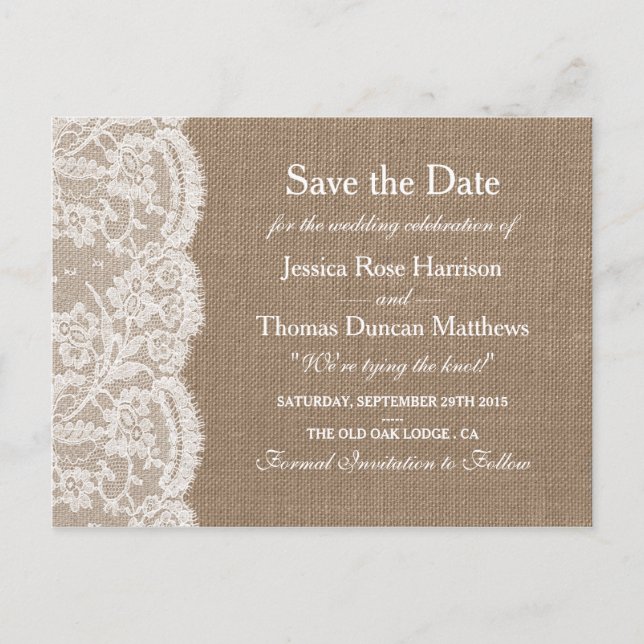 Cartão Postal De Anúncio A Coleção Burlap & Lace Wedding Salva A Data (Frente)