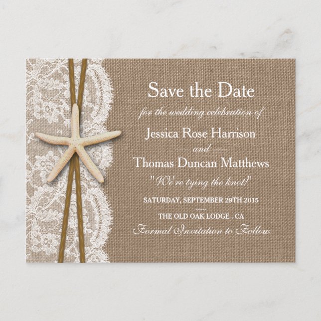 Cartão Postal De Anúncio A Coleção Rustic Starfish Salva A Data (Frente)