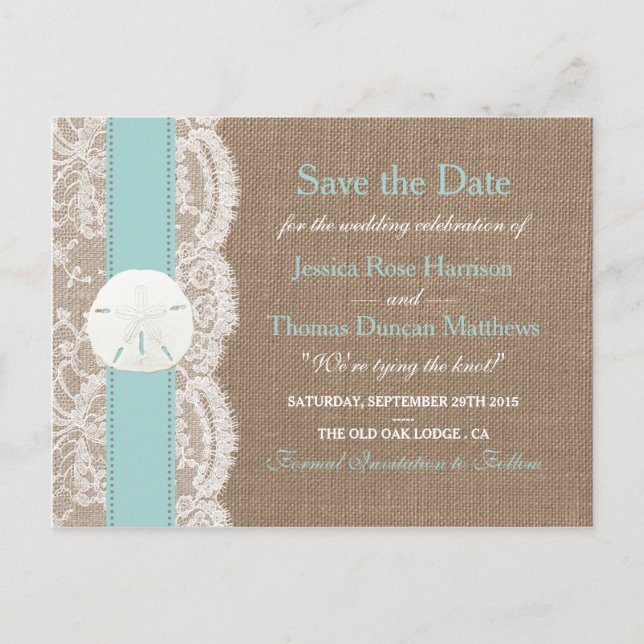 Cartão Postal De Anúncio A Coleção Turquoise Sand Dollar Save The Date (Frente)