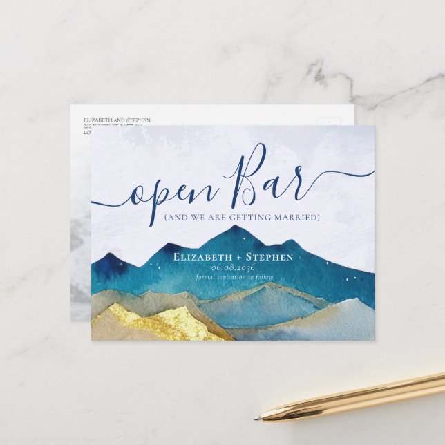 Cartão Postal De Anúncio Abrir Bar Dourado Montanha Foto para Salvar a Data (Frente/Verso In Situ)