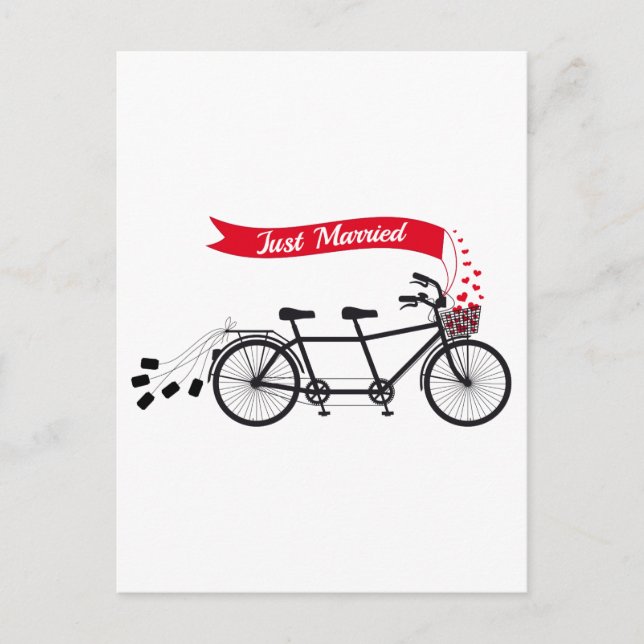 Cartão Postal De Anúncio Acaba de casar, bicicleta tándem de casamento (Frente)