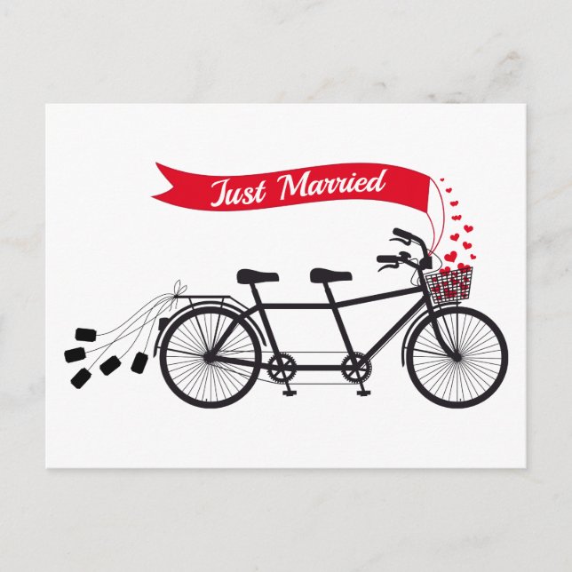 Cartão Postal De Anúncio Acaba de casar, bicicleta tándem de casamento (Frente)