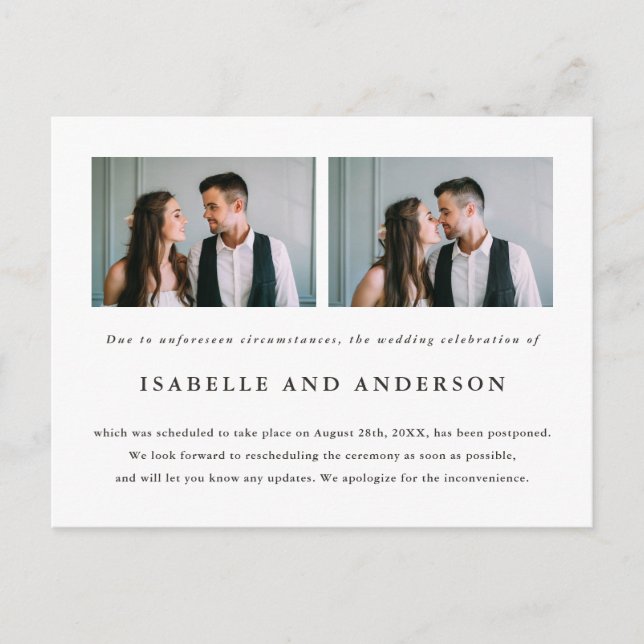 Cartão Postal De Anúncio Adiamento de Casamento com Duas Fotos (Frente)
