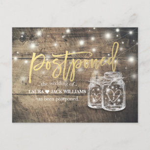 Cartão Postal De Anúncio Adiamento de Casamento Mason Jars String Luz Madei