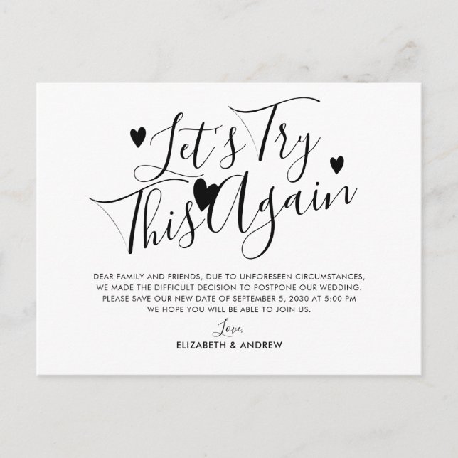 Cartão Postal De Anúncio Adiamento de Casamento Mudança de Data Tente Novam (Frente)