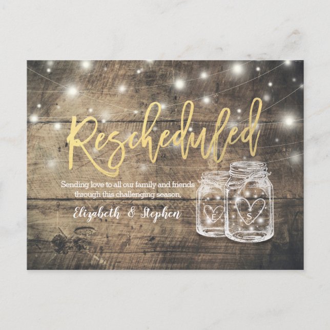 Cartão Postal De Anúncio Adiamento de Casamento Reagendado Mason Jars Wood (Frente)