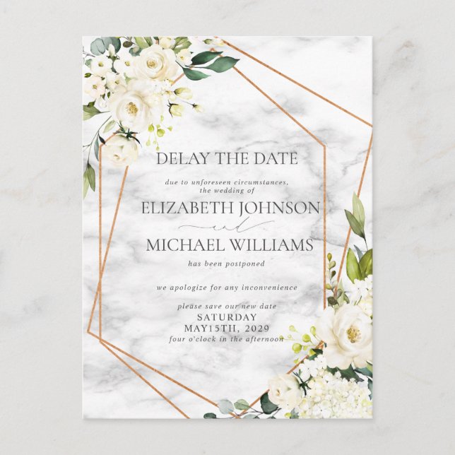Cartão Postal De Anúncio Adiamento de Data de Casamento Geométrico Floral B (Frente)