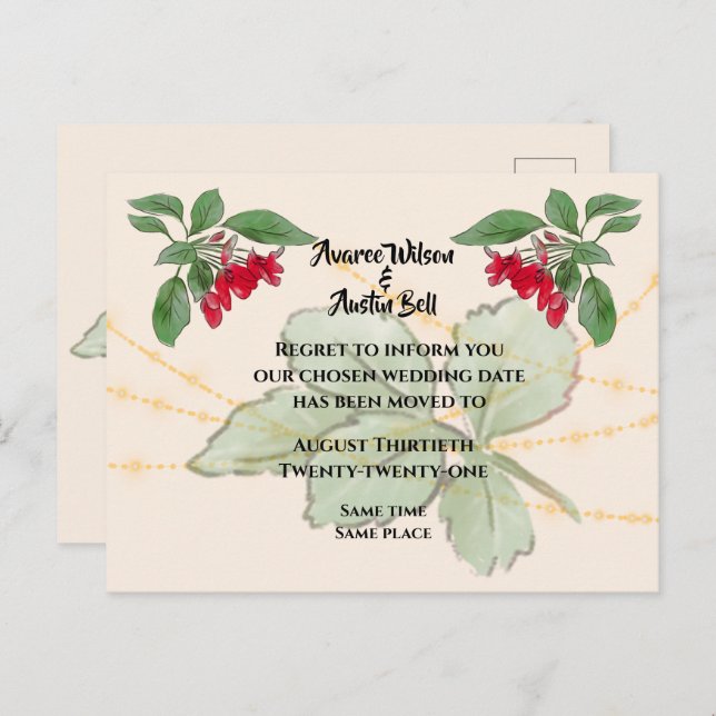 Cartão Postal De Anúncio Adiamento do Casamento de Rosas Vermelhas (Frente/Verso)