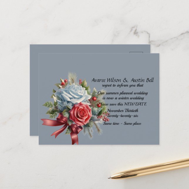 Cartão Postal De Anúncio Adiamento do Casamento Inverno Save the Date (Frente/Verso In Situ)