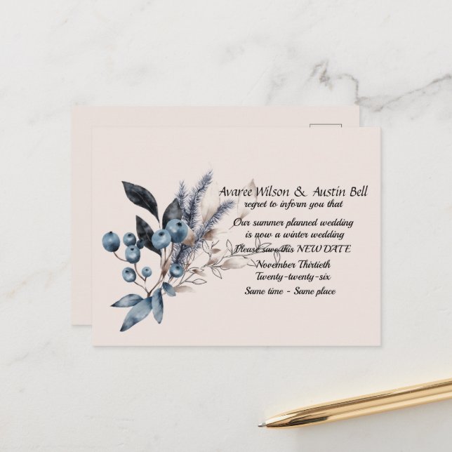 Cartão Postal De Anúncio Adiamento do Casamento Inverno Save the Date (Frente/Verso In Situ)