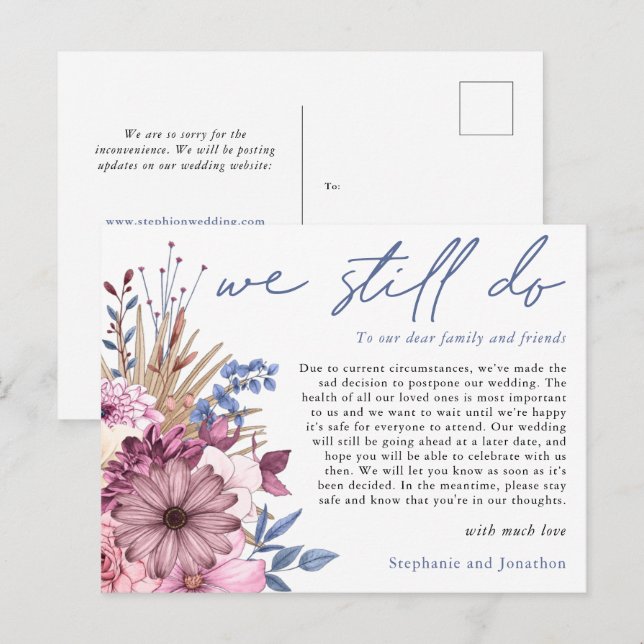 Cartão Postal De Anúncio Adiamento do Casamento Nós Ainda Fazemos Script Fl (Frente/Verso)